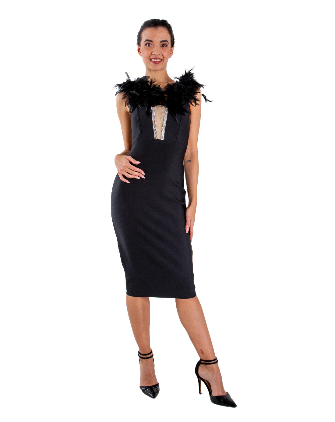 Sleeveless sheath dress with feathers