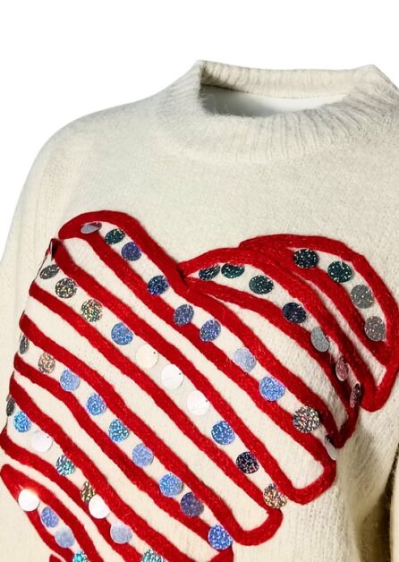 Maglione Panna Cuore Rosso E Pagliette Argento - immagine 2