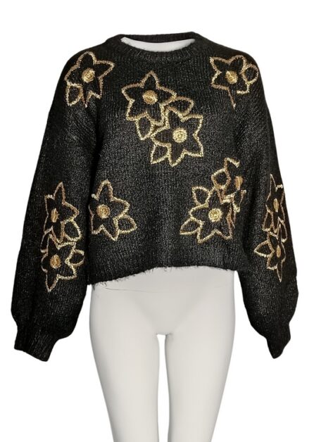 Maglione Nero con Fiori in Filo D'Oro
