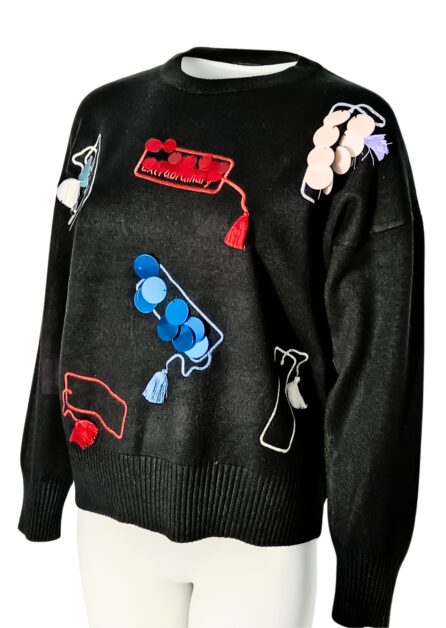 Maglione Nero con Pagliette e Nappine Multicolor - immagine 5