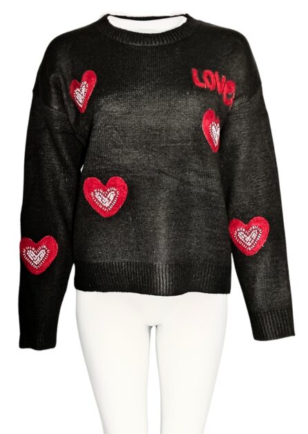Maglione Nero Love con Cuoricini Rossi e Inserti di Perline