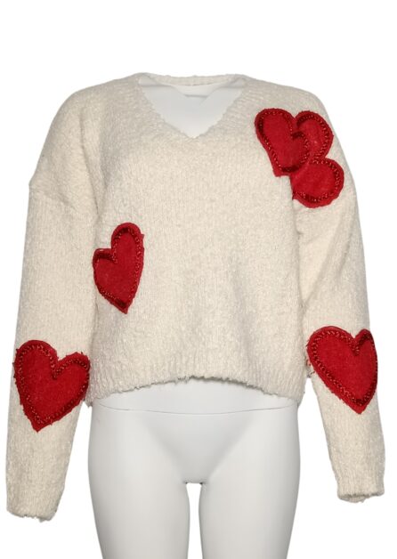Maglione Panna Con Cuoricini Rossi