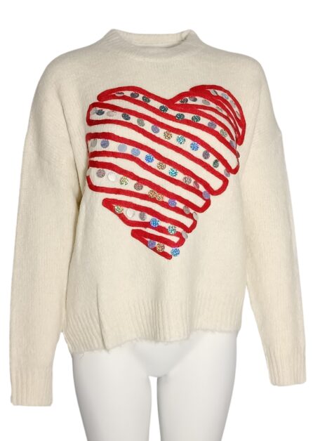 Maglione Panna Cuore Rosso E Pagliette Argento
