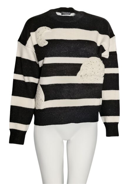 Maglione Righe Nero e Panna con Inserti di Perline e Paillettes