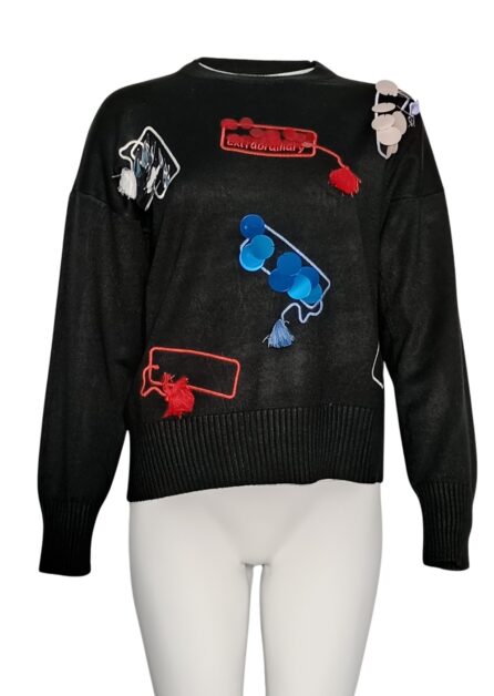 Maglione Nero con Pagliette e Nappine Multicolor